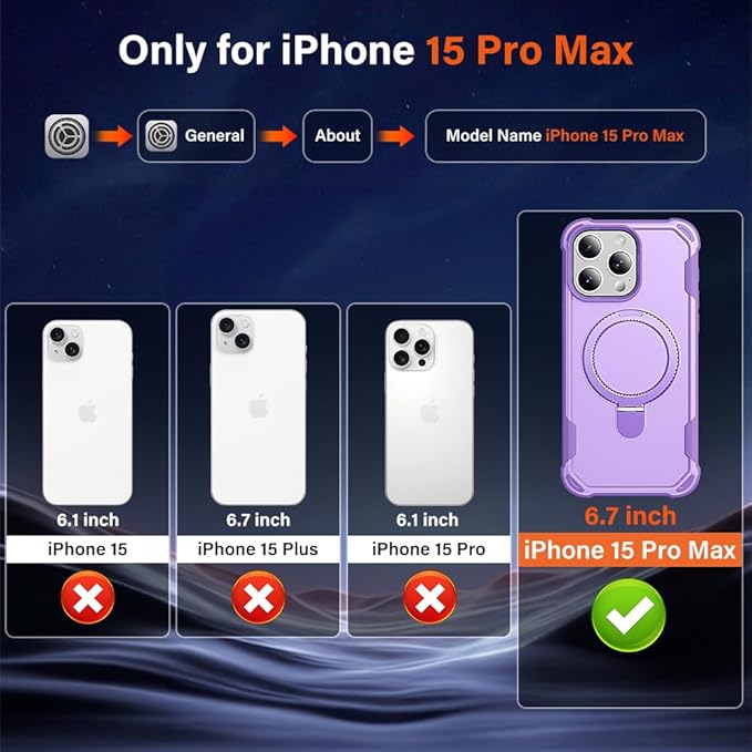 Designed for iPhone 15 Pro Max Case with Magnetic Stand [Military Drop Protection][Compatible with Magnet] Shockproof 15 Pro Max Phone Case with Ring Holder, Purple