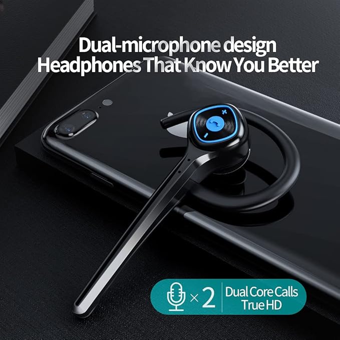 IHAO Wireless Bluetooth Earpiece Headphone Dual Noise Cancelling Mic Painless Open-Ear Handsfree Headset Stereo Sound Left/Right Changeable Earhook Earphones for Driving/Business/Gym