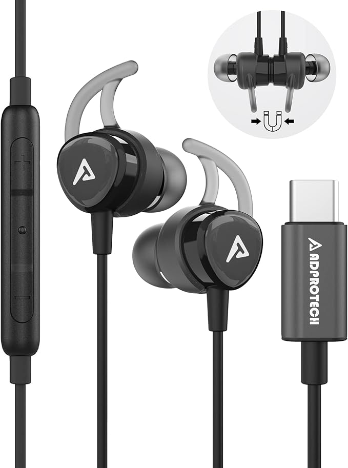 USB C Headphones, Type C Earbuds Magnetic Wired Earphones with Microphone and Volume Control Compatible with Google Pixel Xiaomi Samsung Oneplus Sony MacBook Black