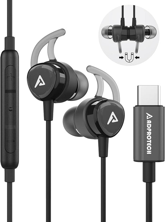 USB C Headphones, Type C Earbuds Magnetic Wired Earphones with Microphone and Volume Control Compatible with Google Pixel Xiaomi Samsung Oneplus Sony MacBook Black