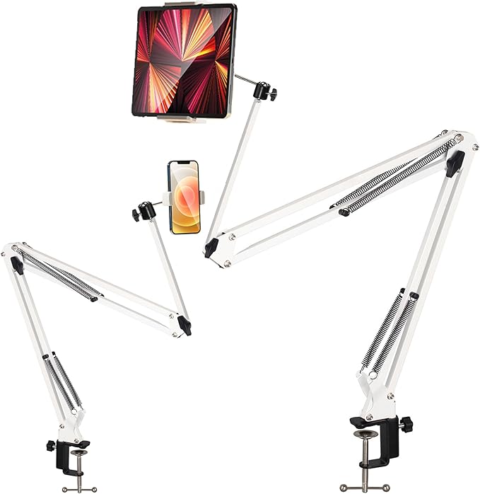 Tablet Stand Holder for Bed,White Folding Tablet Holder for Desk,Flexible Tablet Arm Clamp Compatible with iPad/iPhone15/iPad Pro/N-Switch,Kindle Fire,or Others 4.5~12.9 Inch
