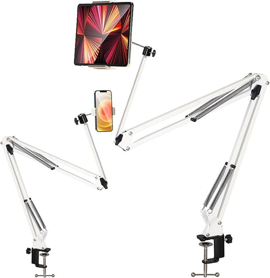Tablet Stand Holder for Bed,White Folding Tablet Holder for Desk,Flexible Tablet Arm Clamp Compatible with iPad/iPhone15/iPad Pro/N-Switch,Kindle Fire,or Others 4.5~12.9 Inch