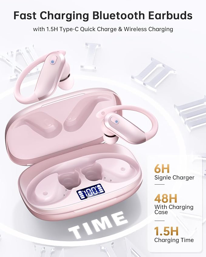 NDO Bluetooth 5.3 Wireless Earbuds with Earhooks,Sport Headphones 48H Playtime,Lightweight Design,ENC Mic,IPX7 Waterproof,Type-C Fast Charging,Perfect for Workout and Daily Use-Pink
