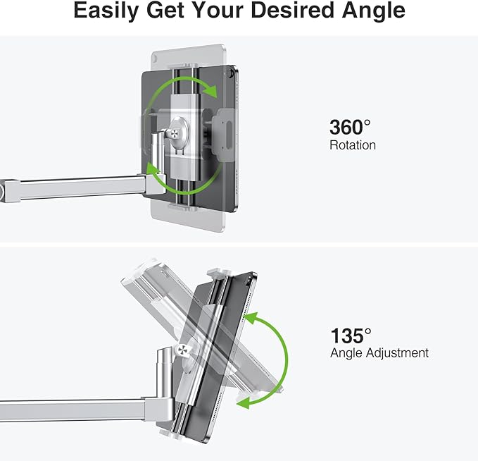 elitehood iPad Holder Stand for Desk & Bed, 28-inch Tablet Arm Mount with Clamp, Easy Adjustable Aluminum iPad Desk Mount for Office Home, Compatible with 4/7-13in Tablets and Cell Phones, Sliver