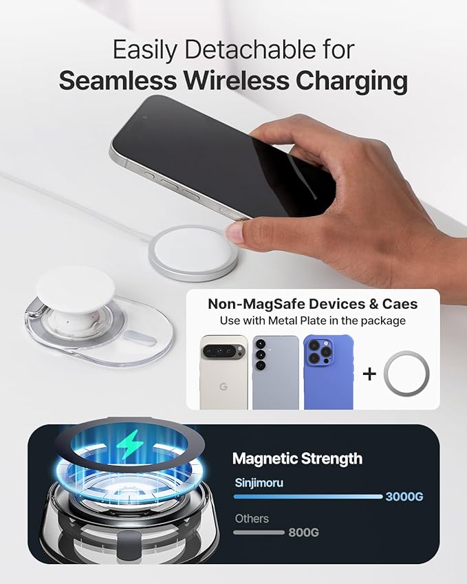 Sinjimoru Phone Grip Stand, Compatible with MagSafe, Adaptor Ring Included, 3000G Kickstand for iPhone 17/16/15/14/13. M-Tap Tok Stand Clear Black