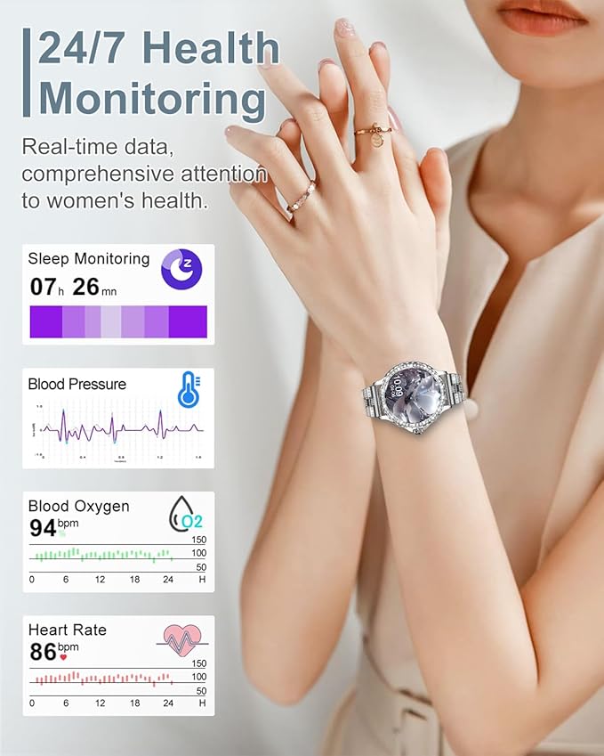 Smart Watches for Women(Answer/Make Calls) with Diamonds, 1.3” HD Bluetooth Smart Watch for Android iOS Phones, IP68 Waterproof Fitness Activity Trackers Smartwatch with Heart Rate/SpO2/Sleep Monitor