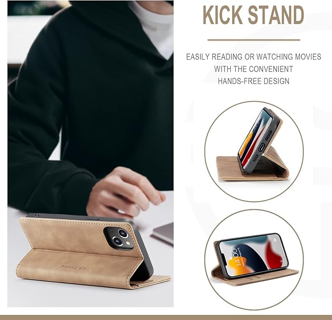 QLTYPRI Case for iPhone 14, Vintage PU Leather Wallet Case Card Slot Kickstand Magnetic Closure Shockproof Flip Folio Book Case Cover for iPhone 14(6.1 inch) - Brown