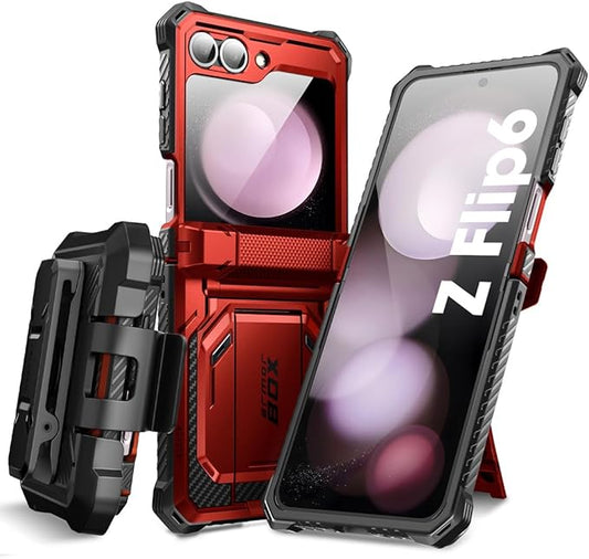 i-Blason for Samsung Galaxy Z Flip 7 FE Case, Z Flip6 Case with Stand, [Built-in Screen Protector] [Hinge Protection] [Belt-Clip], Military Phone Case for Samsung Z Flip 7 FE/6/5, Armorbox, Red