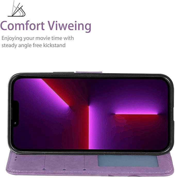 Case for iPhone 13 Case, iPhone 14 Wallet Case with Tempered Glass Screen Protector, Flower Leather Flip Credit Card Holder Stand Phone Cover Cases for iPhone 14 Purple