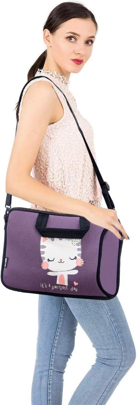 RICHEN 14 15 15.4 15.6 inch Laptop Shoulder Bag Notebook Handle Sleeve Neoprene Soft Carrying Travel Case with Accessories Pocket (14-15.6 inch, Cute Cat)