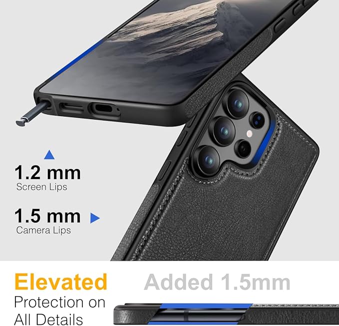 for Galaxy S25 Ultra Leather Case, Built-in Foldable Alloy Stand, with Camera Lens and Screen Protector, Slim Shockproof Kickstand Phone Cover 2025 (Black)