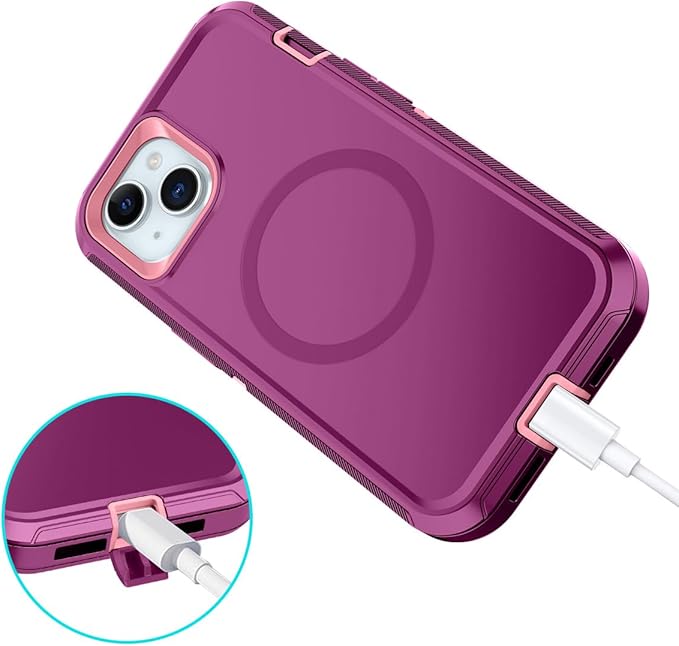 for iPhone 14 Plus Case,iPhone 15 Plus Case [Compatible with MagSafe] Shockproof 3-Layer Full Body Protection Rugged Heavy Duty Cover for Apple iPhone 14/15 Plus 6.7",Purple/Pink