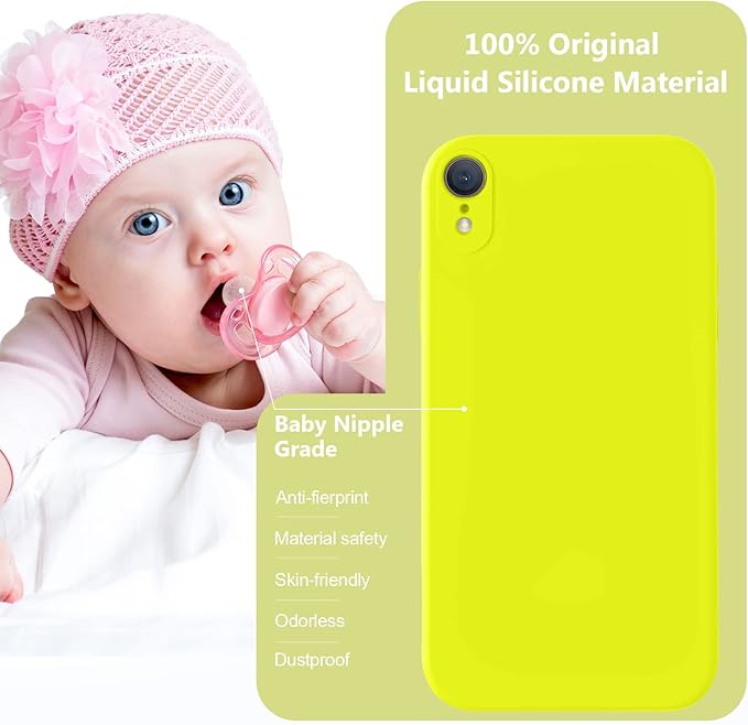 Vooii Compatible with iPhone XR Case, Upgraded Liquid Silicone with [Flat Edges] [Camera Protection] [Soft Anti-Scratch Microfiber Lining] Phone Case for iPhone 10 XR 6.1 inch - Neon Lemon