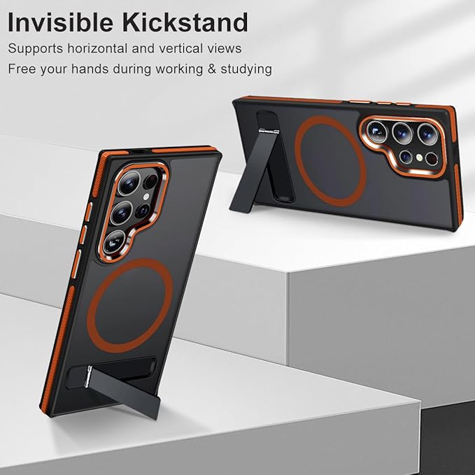 Case for Samsung Galaxy S24 Ultra with Kickstand, Compatible with MagSafe, Anti-Slip Galaxy S24 Ultra Case, 3-Modes Stand Military-Grade Protection, S24 Ultra Magnetic Cover (Black/Orange)