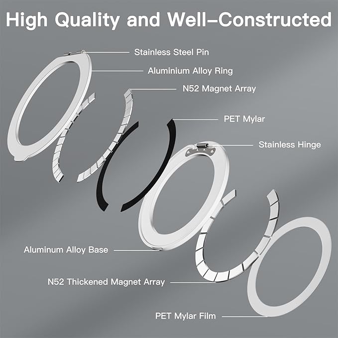 COOLQO Upgraded Magnetic Phone Ring Holder Stand, Super Magnet Cell Phone Grip Finger Kickstand Compatible with MagSafe Mag Safe Accessory for iPhone All Smartphones (1-Silver)