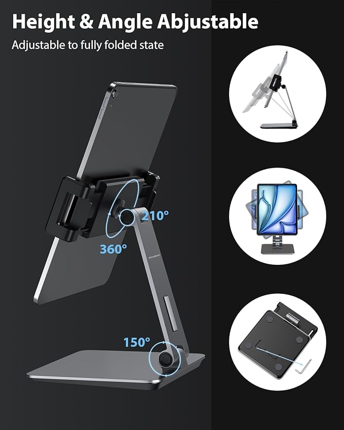 Maxonar iPad Stand Holder, Heavy-Duty Aluminum Alloy Tablet Stand, 360° Swivel Foldable iPad Pro Air Charging Stand Holder for Desk Bed Store POS Showcase Reception Kitchen Office (6-13''), Grey