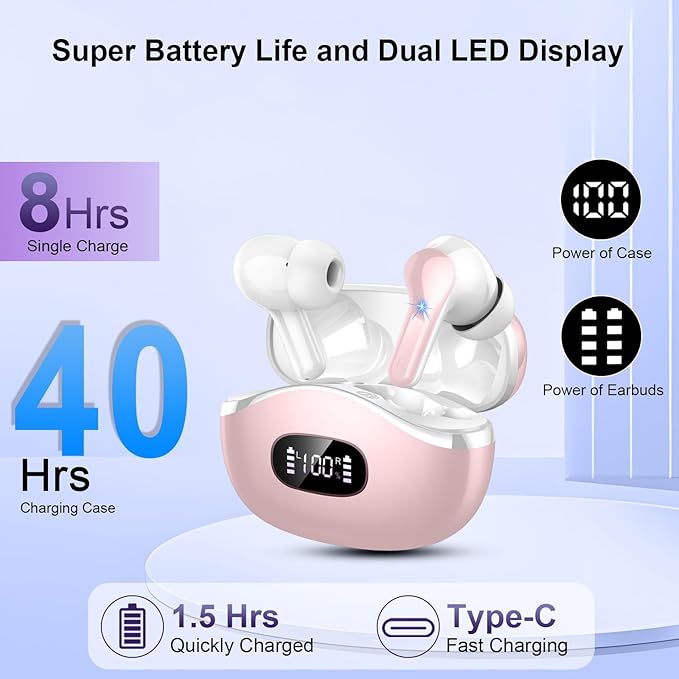 Wireless Earbuds, Bluetooth Headphones 5.4 HiFi Stereo Ear buds with ENC Noise Cancelling Mic, 40H Bluetooth Earbuds with Dual LED Display Charging Case, IP7 Waterproof Earphones for Android iOS, Pink