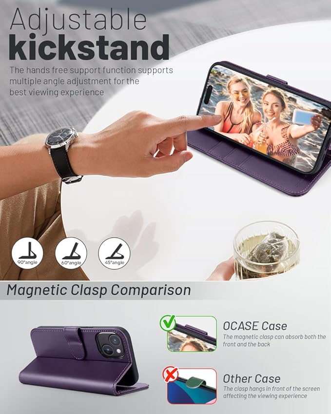 OCASE Compatible with iPhone 14 Wallet Case, PU Leather Flip Folio Case with Card Holders RFID Blocking Kickstand [Shockproof TPU Inner Shell] Phone Cover 6.1 Inch 2022 (Dark Purple)