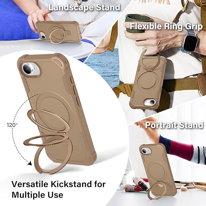 Designed for iPhone 16E Case with Magnetic Stand [Military Drop Protection][Compatible with Magnet] Shockproof 16E Phone Case with Ring Holder, Khaki