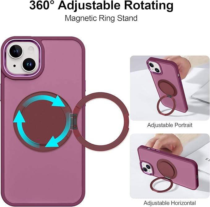 ZIYE Wine Red Case for iPhone 14 Case with Stand [Compatible with MagSafe] Slim Heavy Duty Protection Military Grade Shockproof Magnetic Cover with 360 Rotatable Ring Kickstand for Women Men