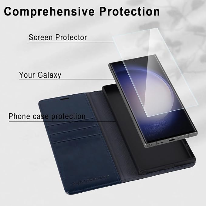 MONASAY Wallet Case Compatible for Galaxy S23 Ultra 5G,[RFID Blocking] Flip Folio Leather Cell Phone Cover with Credit Card Holder, 6.8 inch, Blue