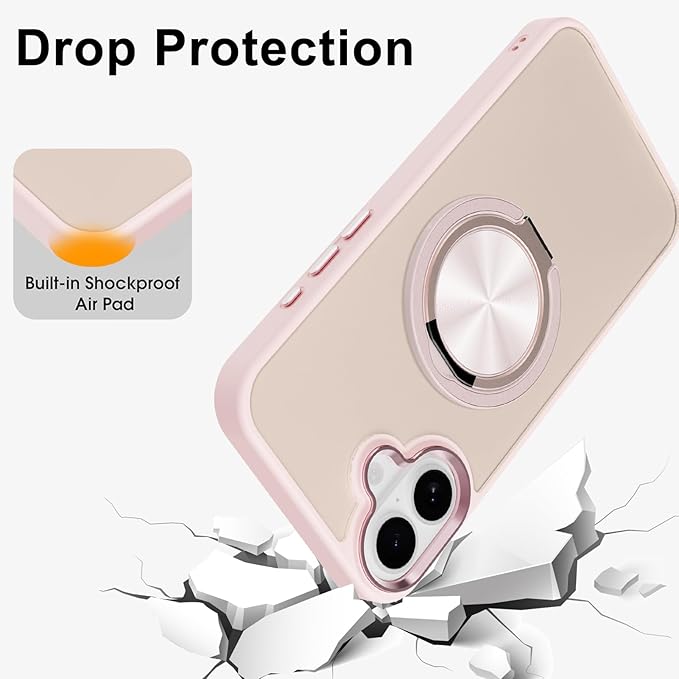 ZIYE Baby Pink Case for iPhone 16 Case with Stand [Compatible with MagSafe] Slim Heavy Duty Protection Military Grade Shockproof Magnetic Cover with 360 Rotatable Ring Kickstand for Women Men