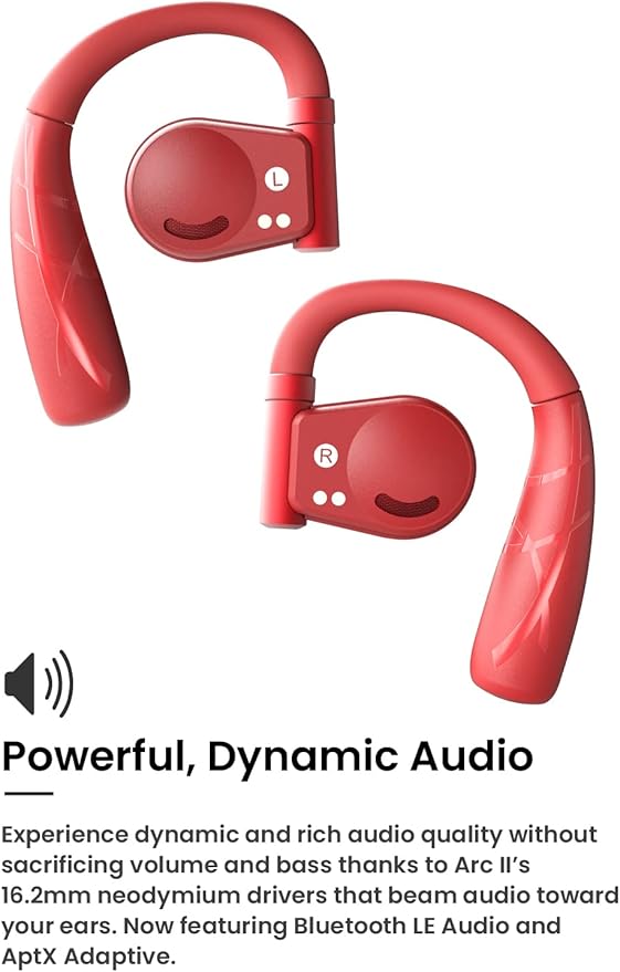 Cleer ARC II Sport Open Ear Headphones, True Wireless Ear Buds with Dual Mic, Sweat Resistant, Multi-Point Connect, 35 Hrs Playtime, Secure Fit, Bluetooth 5.3 Earbuds with Ear Hooks, Preset EQs, Red