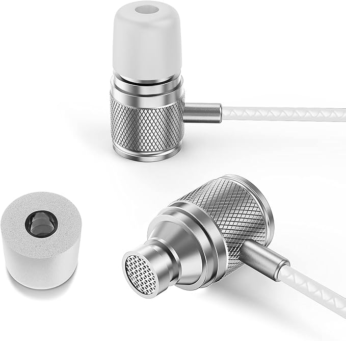 LUDOS Ultra Wired Earbuds in-Ear Headphones, 5 Years Warranty, Earphones with Microphone, Noise Isolating Ear Buds, Memory Foam for iPhone, Samsung, School Students, Kids, Women, Small Ears - White