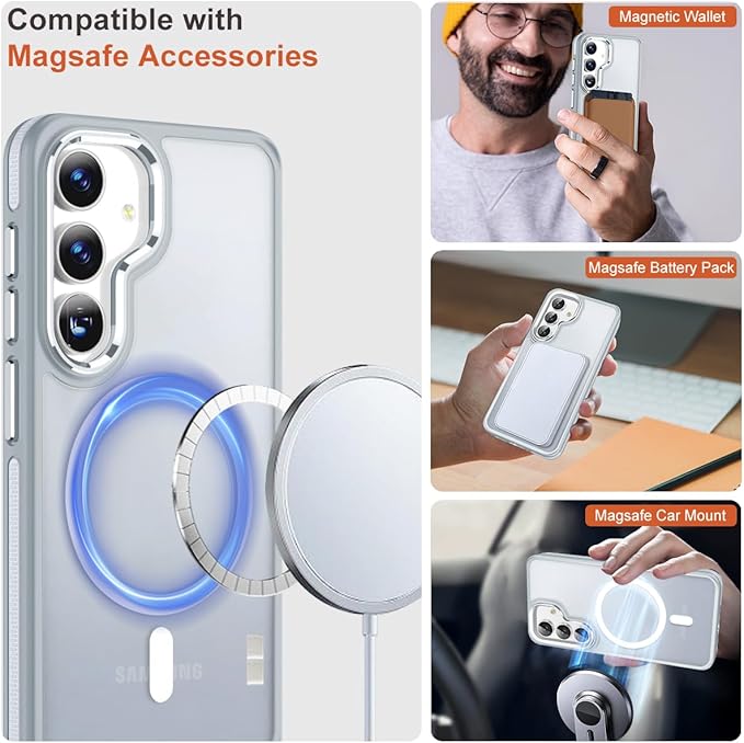 Magnetic Designed for Samsung Galaxy S24 Case 6.2" Compatible with MagSafe, Anti-Slip Edge Military Grade Drop Tested Hard Back Protective Translucent Case for Samsung S24 Case (Grey/White)
