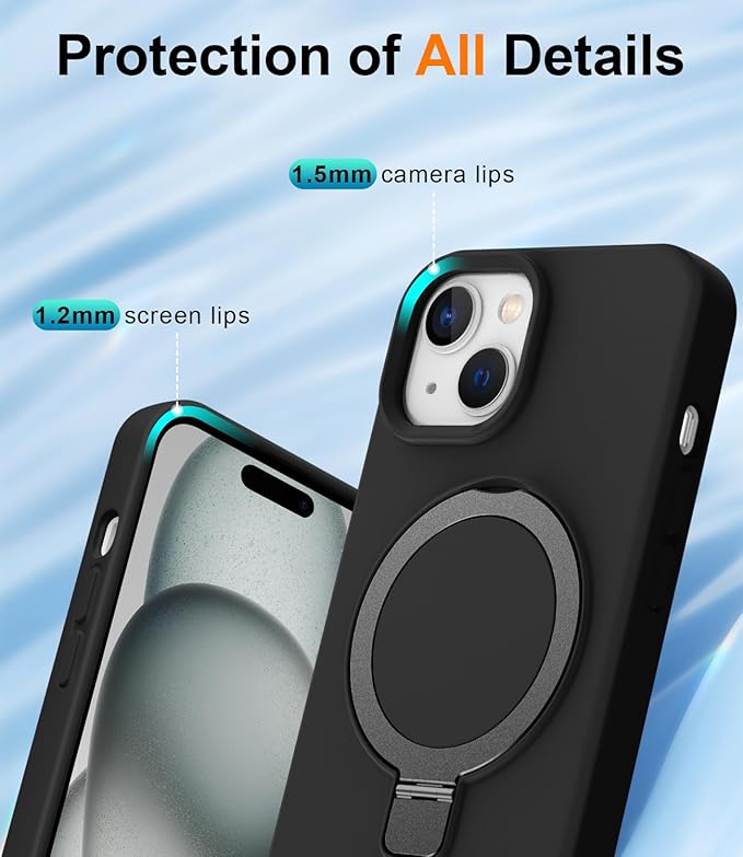 ZHK Liquid Silicone Designed for iPhone 15 Case with Magnet Stand, [Mil-Grade Drop Shockproof][Soft Anti-Scratch Microfiber Lining] Slim Fit Cover, Black