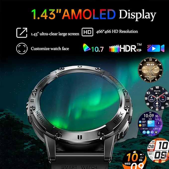 1.43" Amoled Ultra Military Smart Watch for Men(Answer/Dial Calls) 100+Sports Modes,5ATM Waterproof 530mAh Large Battery Super Long Standby with LED Flashlight,Heart Rate,SpO2,BP Android iOS