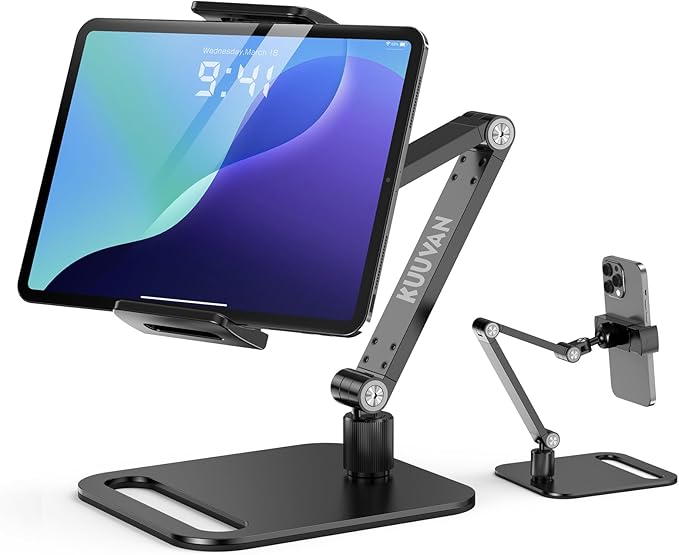 Tablet Stand Holder for iPad, Portable Monitor Stand Holder 15.6'',17.3'', Aluminum Alloy Foldable Arm Mount with 360° Swivel Desk Mount Compatible with 4.7-17.3inch Tablet, Cell Phone (Black)