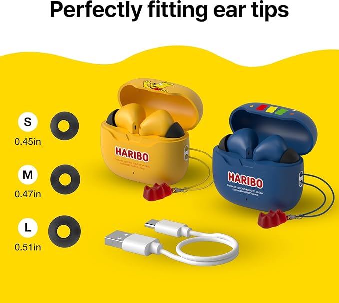 Haribo Wireless Earbuds, Bluetooth 5.3 TWS, 13mm Bass Driver, ENC Noise Reduction, IPX4, USB-C Charging, Gummy Bear Style