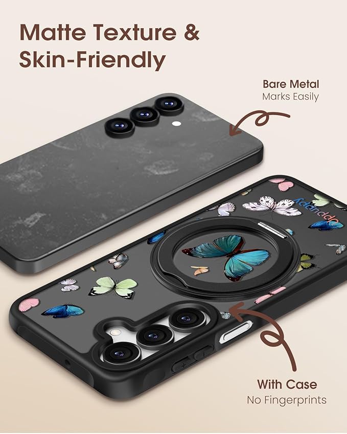 for Samsung Galaxy A16 4G/5G Case with 360° Rotatable Magnetic Ring - Semi-Transparent Anti-Fingerprint Soft-Touch Material Shockproof, Cute Butterfly Design for Women Girl