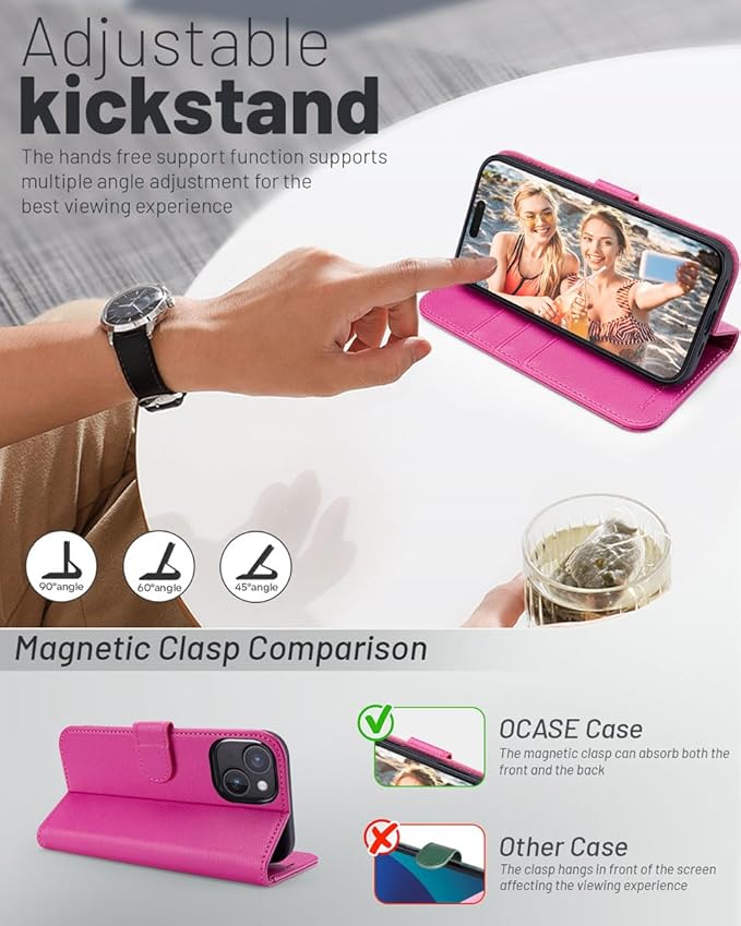 OCASE Compatible with iPhone 14 Wallet Case, PU Leather Flip Folio Case with Card Holders RFID Blocking Kickstand [Shockproof TPU Inner Shell] Phone Cover 6.1 Inch 2022 (Rose)