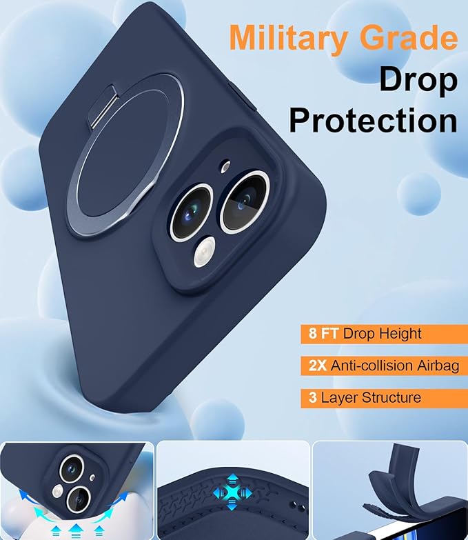 ZHK Liquid Silicone Designed for iPhone 15 Plus Case with Magnet Stand, [Precise Camera Lens Protection][Mil-Grade Drop Shockproof][Soft Anti-Scratch Microfiber Lining] Slim Fit Cover, Navy Blue