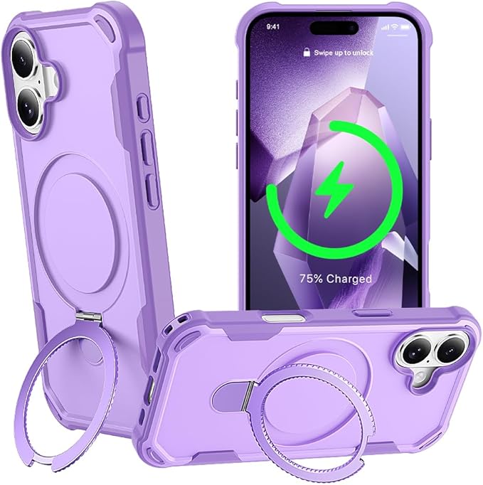 Designed for iPhone 17 Case with Magnetic Stand [Military Drop Protection][Compatible with Magnet] Shockproof 17 Phone Case with Ring Holder, Purple