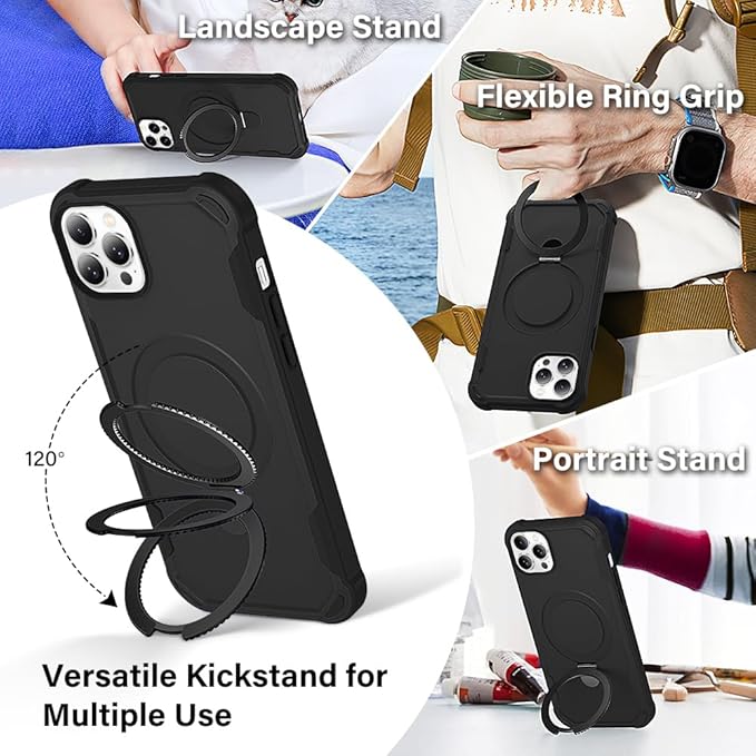 Designed for iPhone 13 Pro Case with Magnetic Stand [Military Drop Protection][Compatible with Magnet] Shockproof 13 Pro Phone Case with Ring Holder, Black