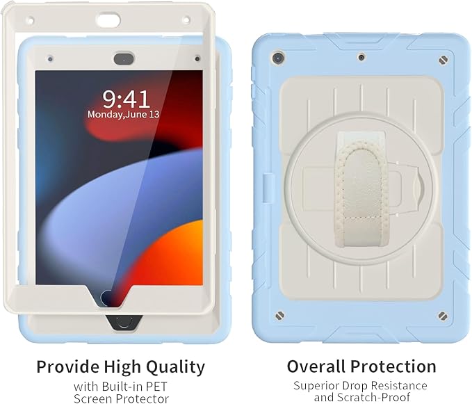 Case for iPad 9th/8th/7th Generation-Built-in Screen Protector,with Pencil Holder&360°Rotating Hand Strap,Shoulder Strap,Case for iPad 10.2 inch 2021-2019(Blue/Beige)