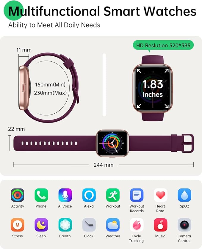 Smart Watches for Women and Men - Smart Watch Compatible for iPhone Android Phone,Alexa,Call & Notification Alerts,Heart Rate & Sleep Monitor,3 ATM Waterproof 1.83 Inches Fitness Tracker