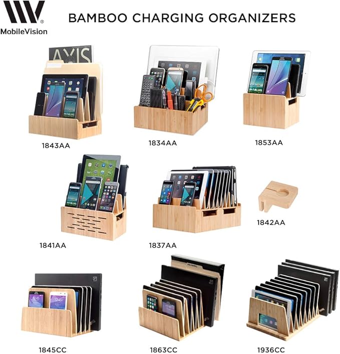 Bamboo Universal Multi Device Cord Organizer Stand and Charging Station for Smartphones, Tablets, and Laptops Includes 6-USB Port Hub Charger with Power Supply