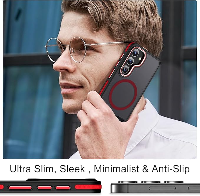 for Samsung Galaxy S24 Case, [Built-in Stand] Anti-Skid TPU Edge & Matte Translucent S24 Cover, Compatible with Magsafe, Slim Shockproof Magnetic Phone Case for S24 5G (Black/Red)