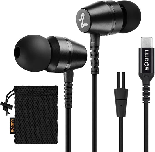 LUDOS OMNITONE USB C Headphones for iPhone 17 16 15 Pro Max Plus Air iPad Pro, 5 Years Warranty, USB-C Earbuds for Samsung Galaxy S24 S23 Ultra S22 S21 FE S20 Z Flip 3 Fold 4, USB Type C Earphones