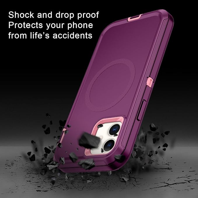 for iPhone 12 Case,iPhone 12 Pro Case [Compatible with MagSafe] Shockproof 3-Layer Full Body Protection Rugged Heavy Duty Cover for Apple iPhone 12/12 Pro 6.1",Purple/Pink