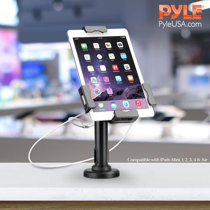Pyle PSPADLK8 Anti-Theft Tablet Security Stand Kiosk - Table Mount Desktop Tablet Case Holder with Lock, Adjustable Clamp Arm, Internal Cable Routing, for iPad, Kindle, Samsung, Android Tablets