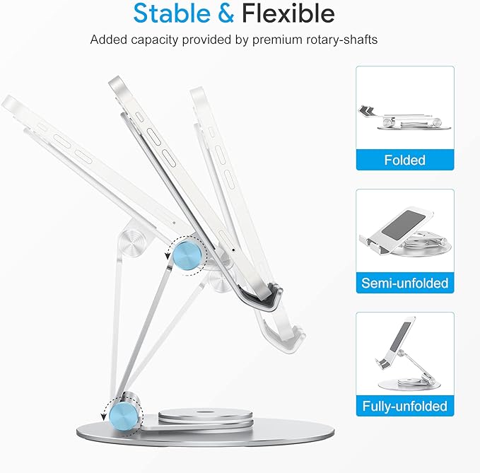 OMOTON Swivel Tablet Stand for iPad with 360 Rotating Base, Foldable Adjustable Holder for Drawing, Compatible with iPad Pro/Air/Mini and More, Silver