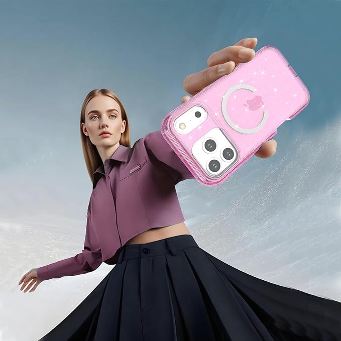 Designed for iPhone 17 Pro Max Case,[Compatible with Magsafe] [Non-Yellowing] [Without Screen Protector] Shockproof/Dust/Drop Proof 3-Layer Full Body Protection Rugged Heavy Duty Cover, Pink Glitter
