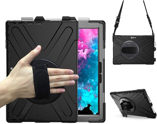 DreamerX for Microsoft Surface Pro 7+ Plus/Pro 7/6/5/4 12.3" Case, Heavy Duty Rugged Full Body Drop Protective Silicone Kids Cover w/Rotating Stand Hand Strap Pen Holder Carrying Shoulder Strap Black