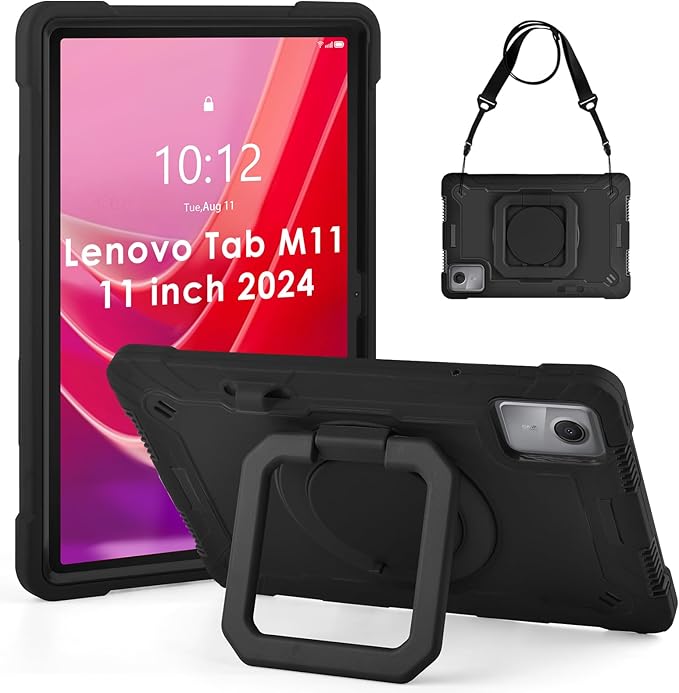 DETUOSI Case Compatible with Lenovo Tab M11/ K11 LTE 11 inch (TB-330FU/330XU), Full-Body Shockproof Protective Case with Shoulder Strap, 360 Rotating Stand Case for Lenovo Tab M11, Black