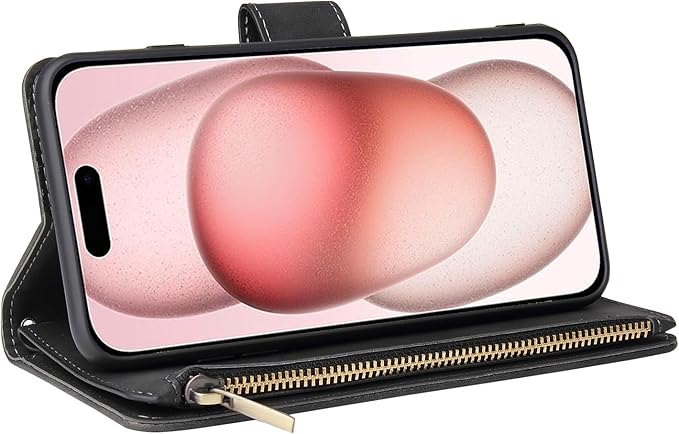 Asuwish Compatible with iPhone 15 6.1 inch Wallet Case Tempered Glass Screen Protector and Leather Flip Cover Card Holder Stand Cell Phone Cases for iPhone15 5G i i-Phone i15 15Case Women Men Black
